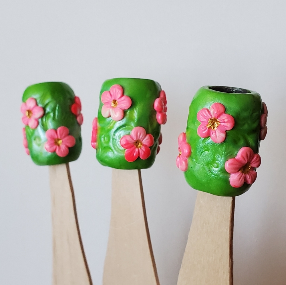 Dreadlock beads "Blooming Spring", set of 3, polym